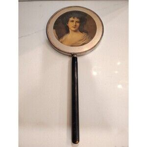 Vintage Handheld Portrait Lid Vanity Mirror with Wooden Handle Woman Portrait